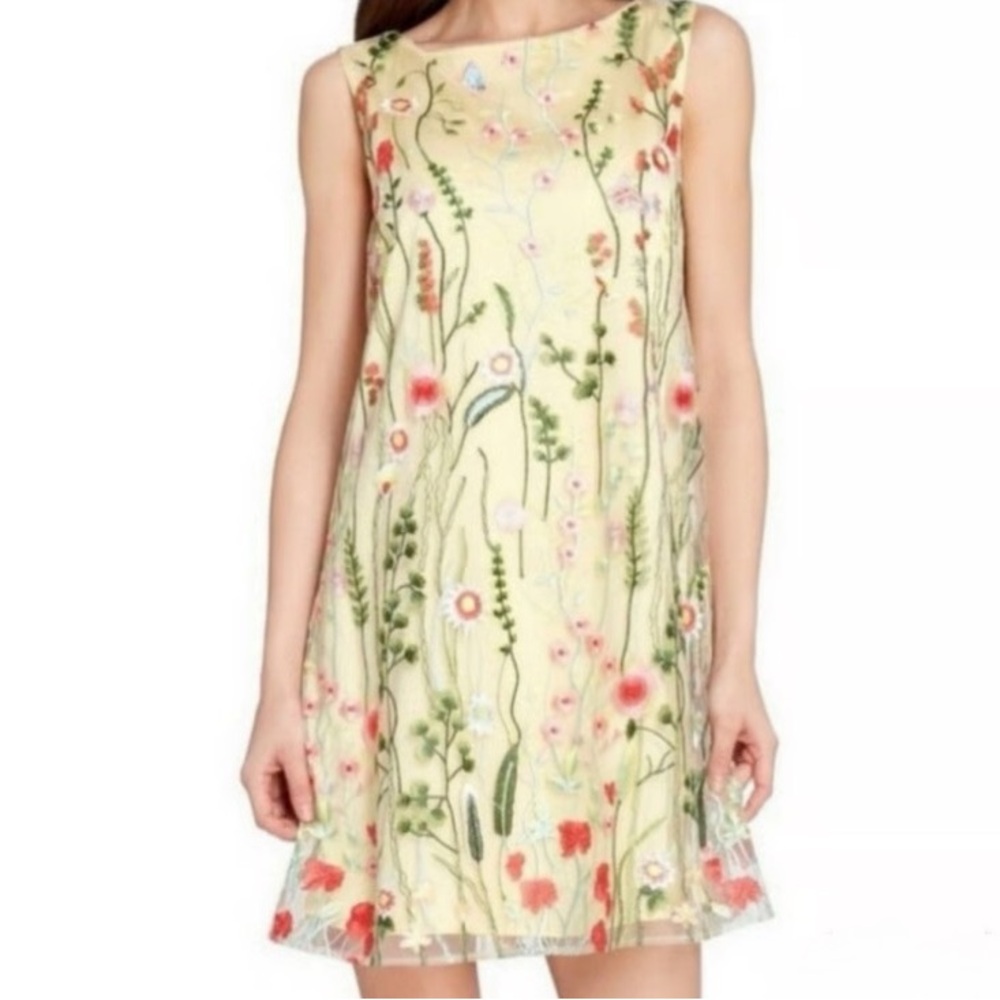 Tahari Yellow Sleeveless Sheer Overlay Floral Embroider Shift Dress